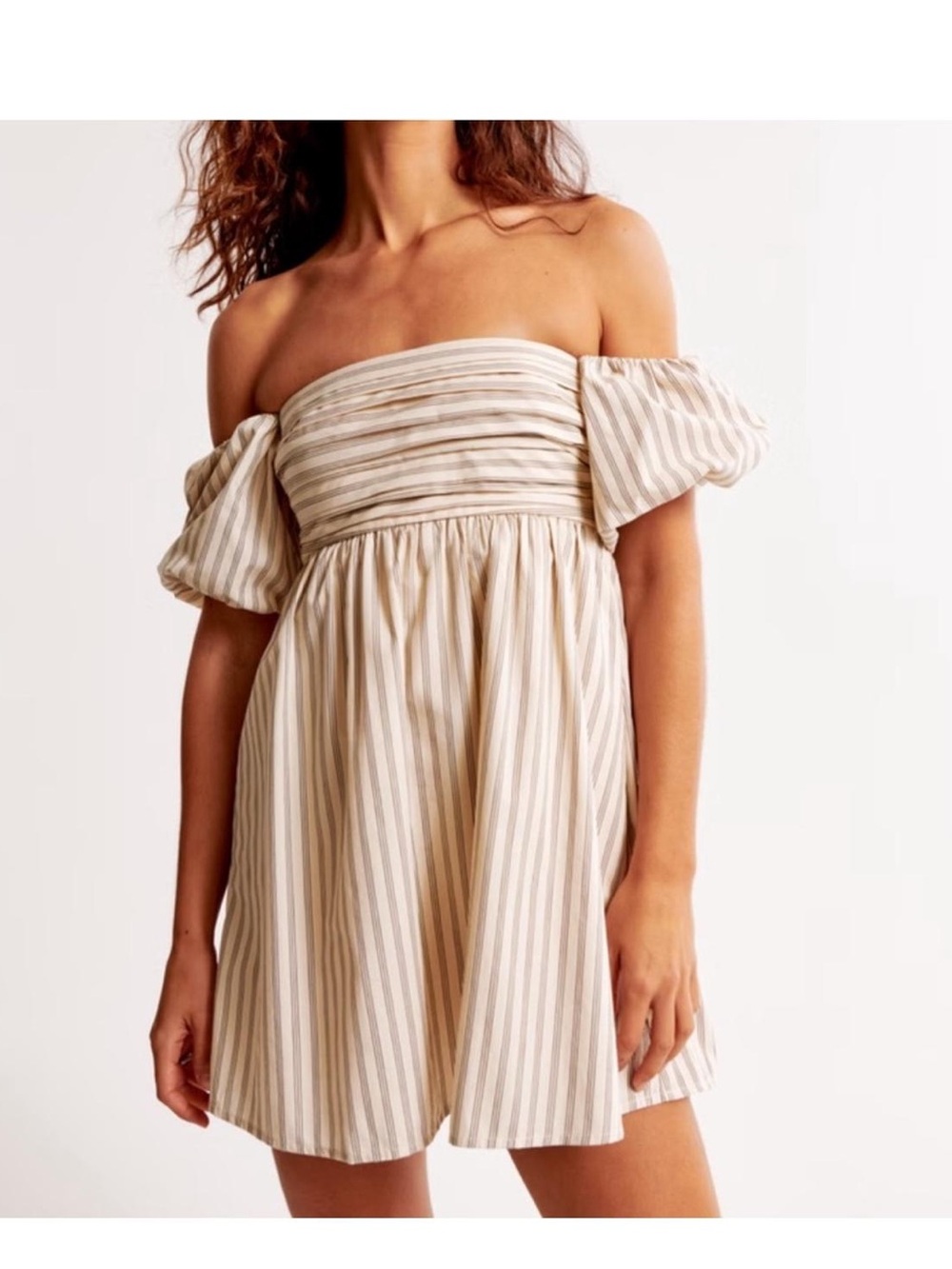 Abercrombie & Fitch | Striped Off-Shoulder Mini Dress in Beige
